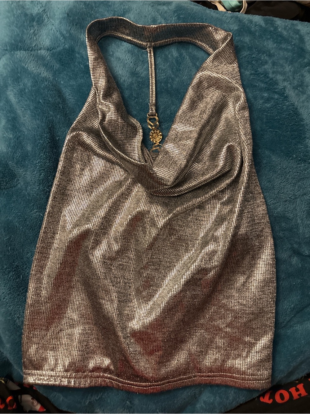 SHEIN Silver Metallic Halter Cowl Neck Camisole